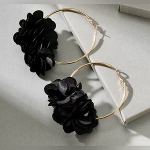Boutique Black Floral Gold Hoop Earrings